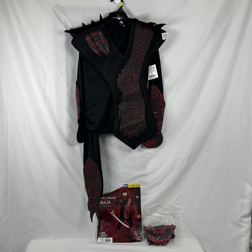 Skull Dragon Ninja Boys Halloween Costume Large 10-12 Black Red Mask Belt